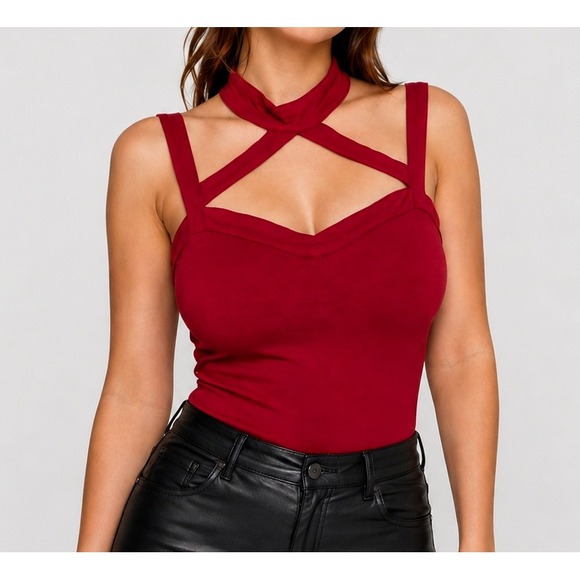 Red By Bke Tops - RED by BKE Sleeveless Strappy Neck Bodysuit Womens M Maroon Mock Neck Thong Snap